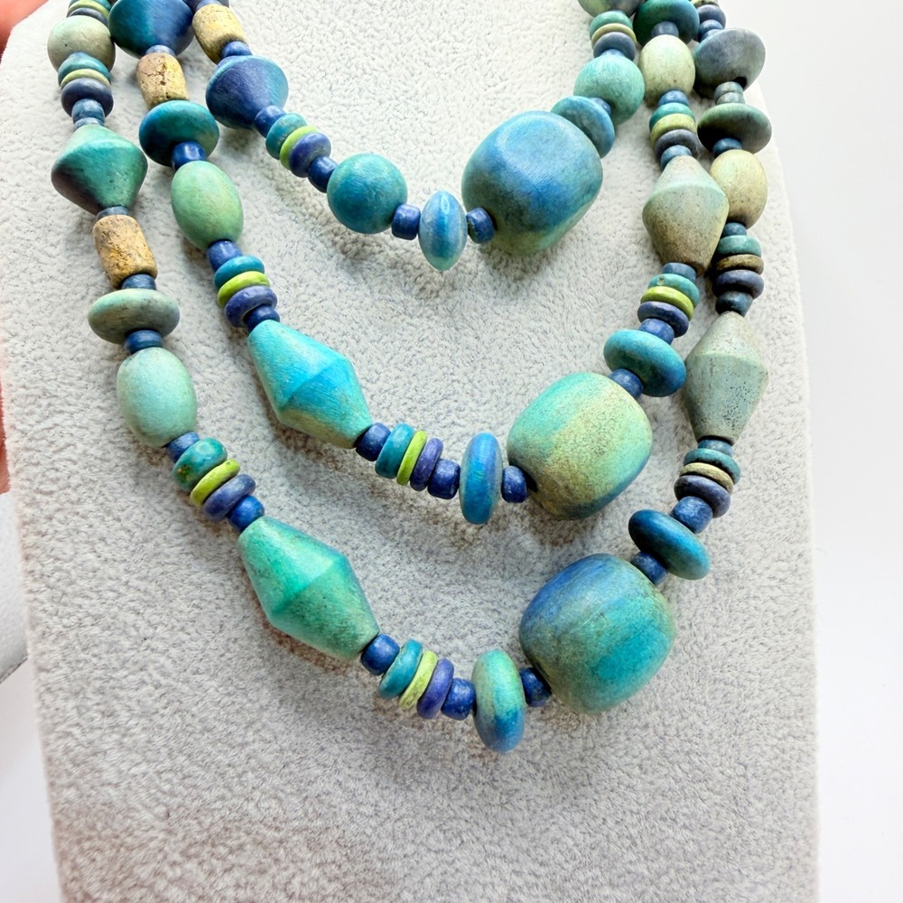 Vintage Multi Strand Wood Bead Necklace Blue Green Teal Boho Geometric Statement - Picture 4 of 16